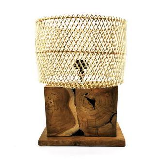 Kanan Teakfa Asztali Lámpa Rattan Búrával